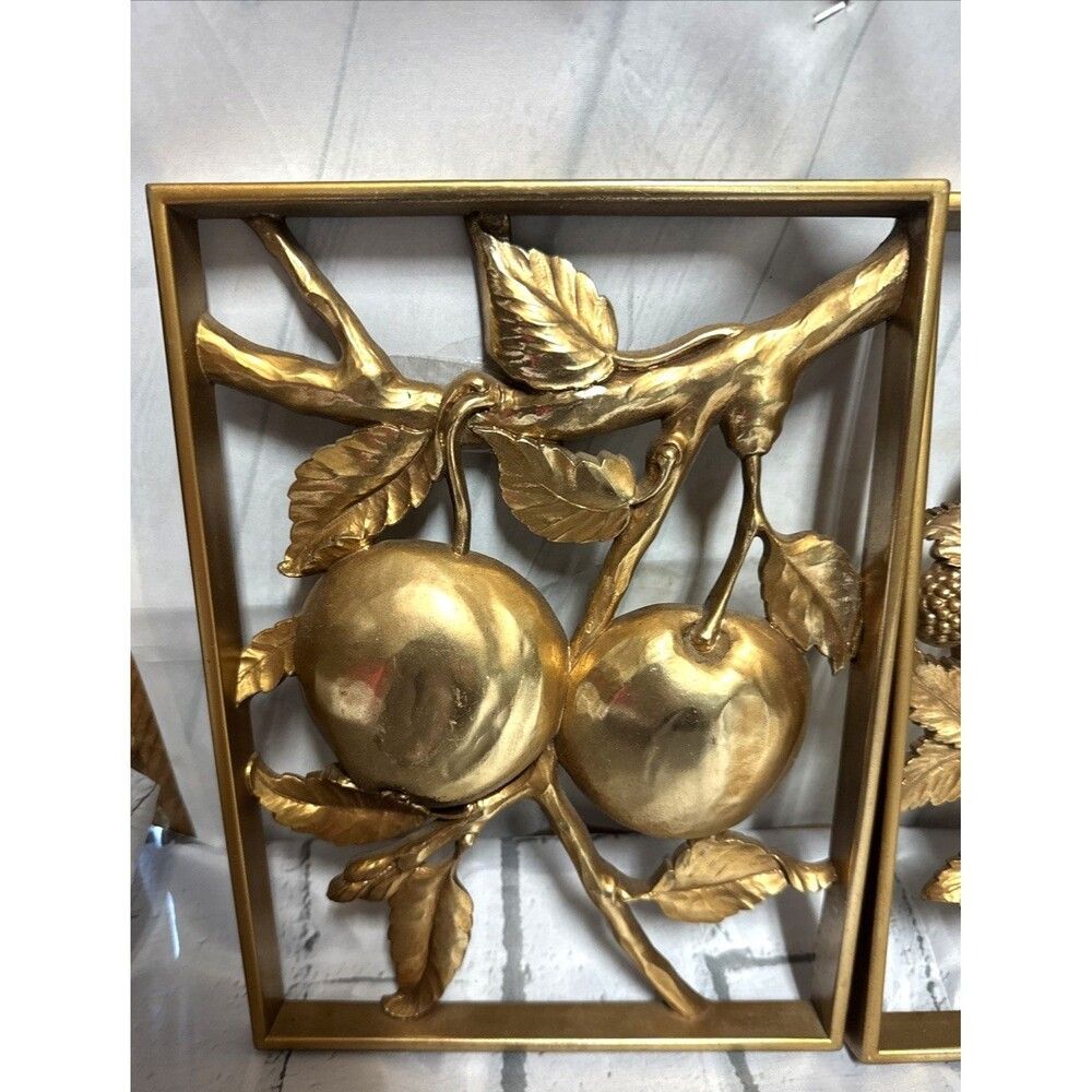 Hollywood Regency Syroco Gold Wall Plaques Set Lot 4 MCM Four Fruit Panels Boho - Picture 2 of 11